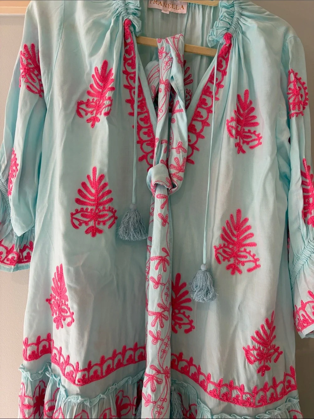 Pomella Light Blue Long Sleeve Dress with Pink Embroidery